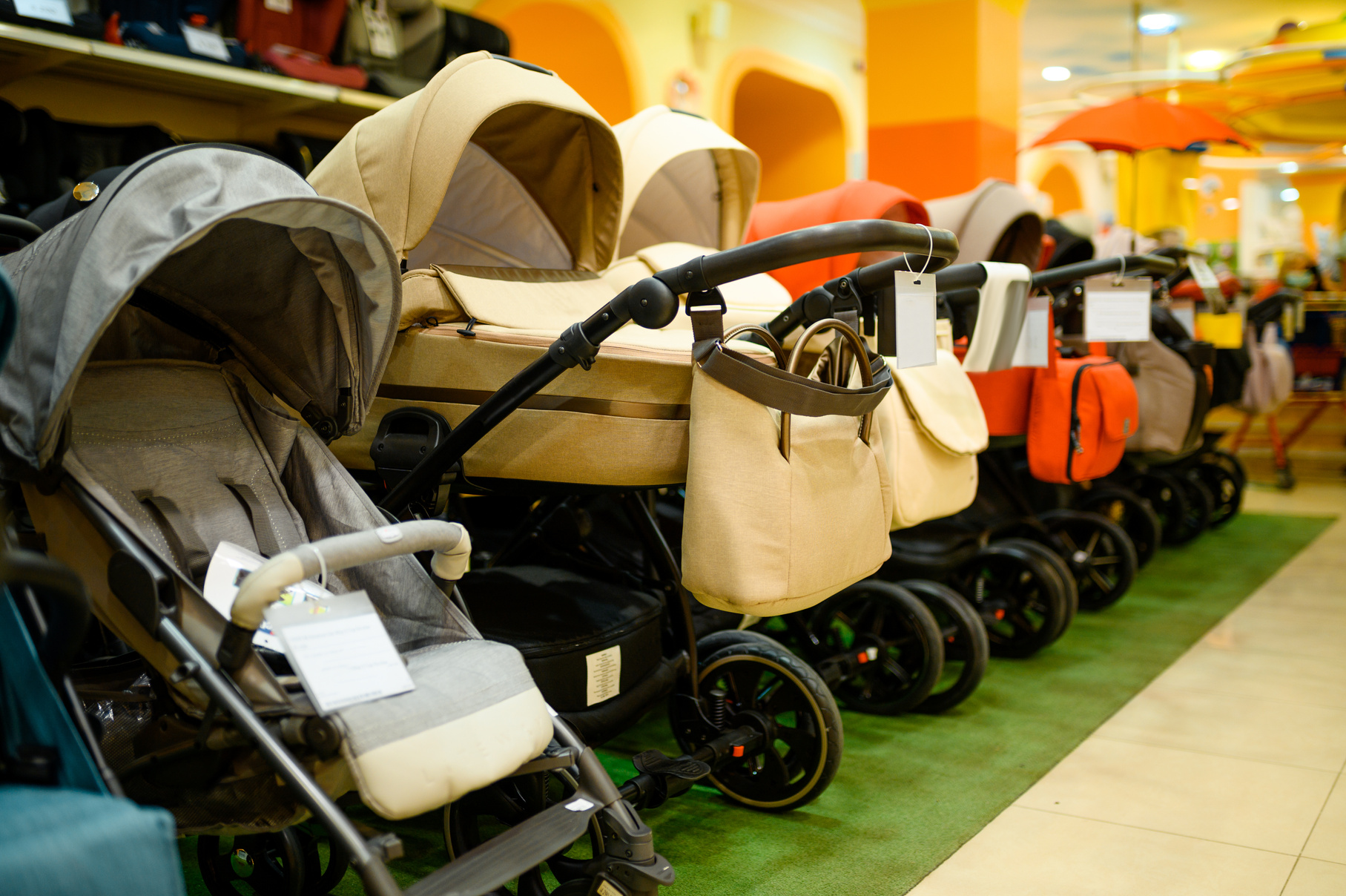 Row of Baby Strollers in Children's Store, Nobody