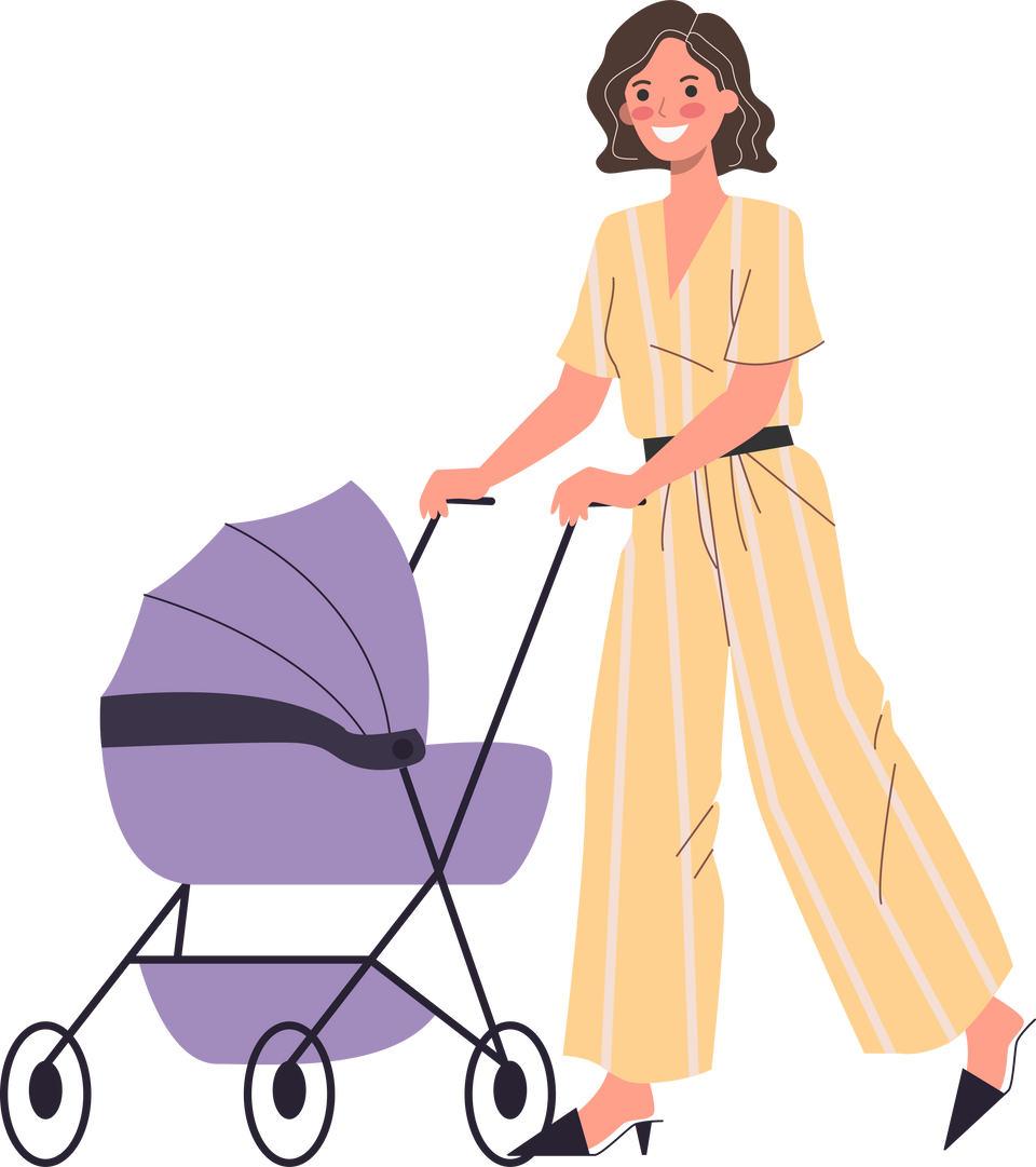 Young women wheeling strollers in park flat vector illustration. New mom walking with children. Motherhood, communication, friendship concept